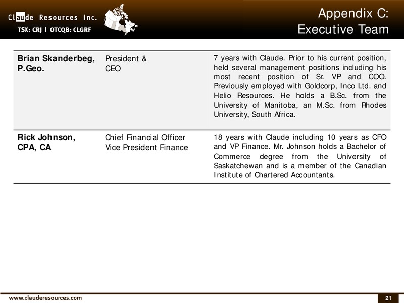 CORPORATE PRESENTATION – Claude Resources – slide 20