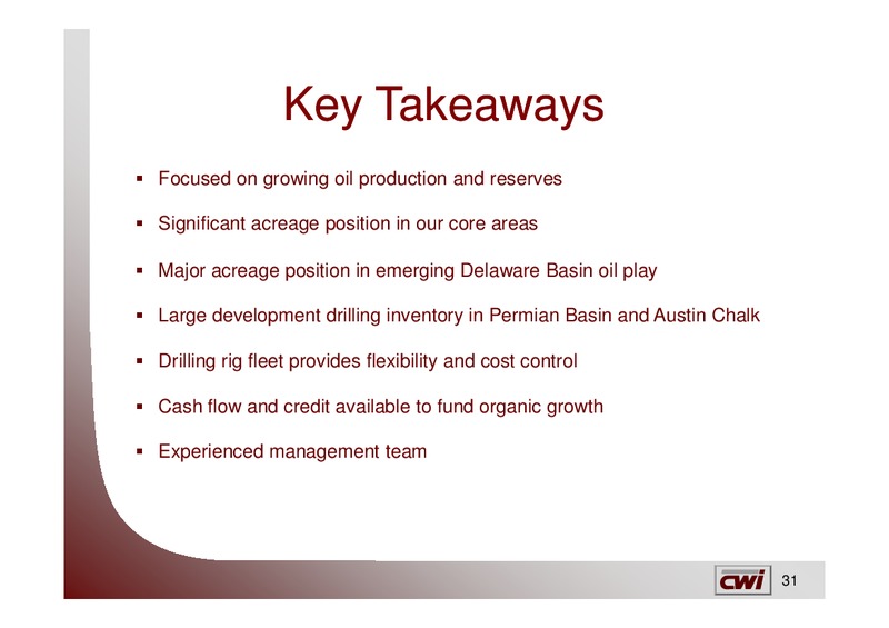 IPAA OGIS CONFERENCE – Clayton Williams Energy Inc. – slide 30