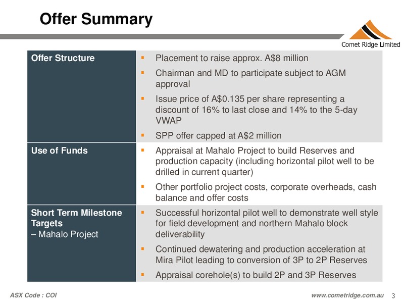 INVESTOR PRESENTATION – Comet Ridge Ltd. – slide 3
