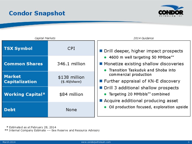 March 2014 Corporate Presentation – Condor Petroleum Inc – slide 3