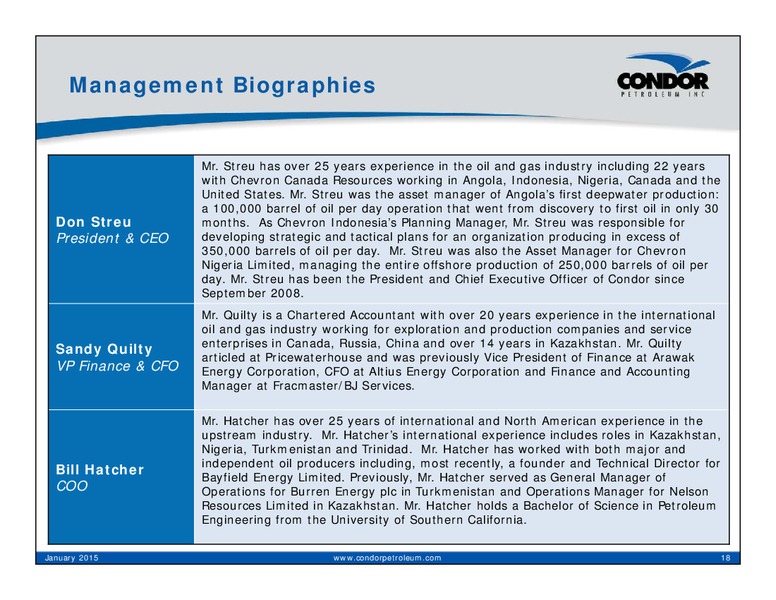 January 2015 Corporate Presentation – Condor Petroleum Inc – slide 18