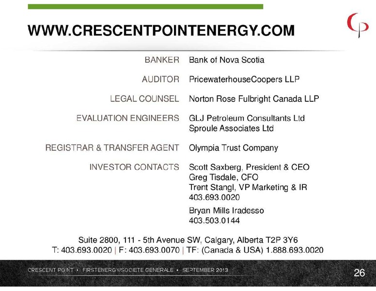 FIRSTENERGY SOCIETE GENERALE GLOBAL ENERGY CONFERENCE – Crescent Point Energy Corp. – slide 26