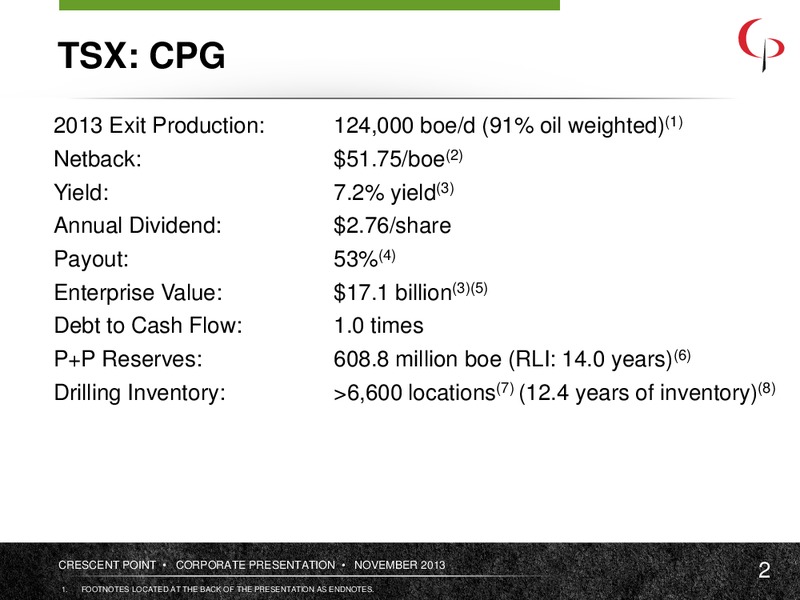 NOVEMBER 2013 CORPORATE PRESENTATION – Crescent Point Energy Corp. – slide 2