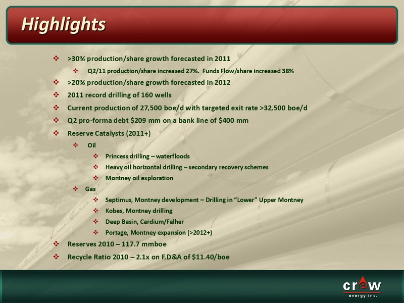 OCTOBER 2011 CORPORATE PRESENTATION – Crew Energy Inc. – slide 3
