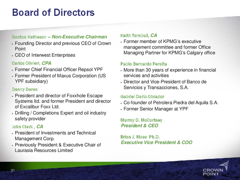 EXPLORATION AND PRODUCTION GROWTH IN ARGENTINA – Crown Point Energy Inc. – slide 19