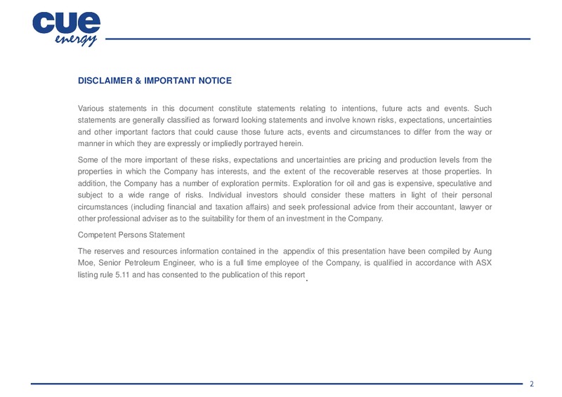 INVESTOR PRESENTATION – Cue Energy Resources Limited – slide 3