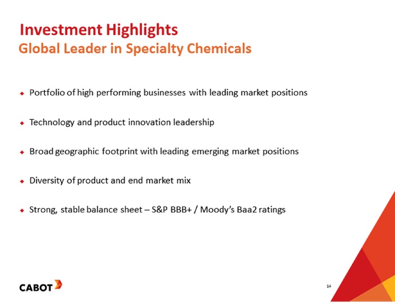 CREDIT SUISSE BASIC MATERIALS CONFERENCE – Cabot Corp – slide 14