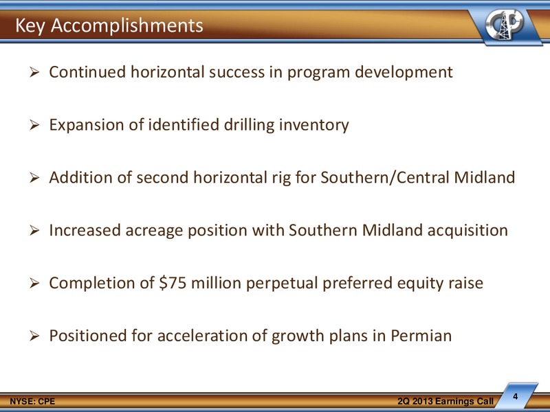 2013 Earnings and Operational Update Slides – Callon Petroleum Co. – slide 3