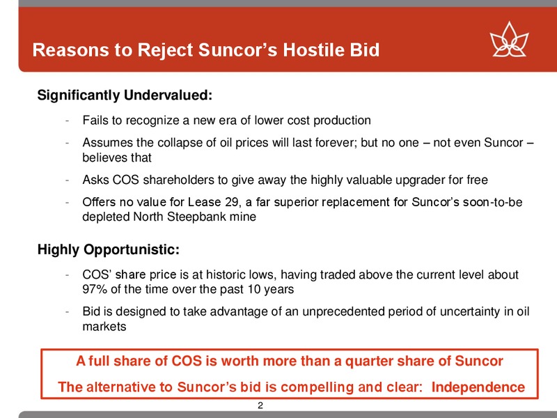 January 2016 Investor Presentation – Canadian Oil Sands Limited – slide 2