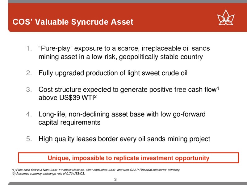 January 2016 Investor Presentation – Canadian Oil Sands Limited – slide 3