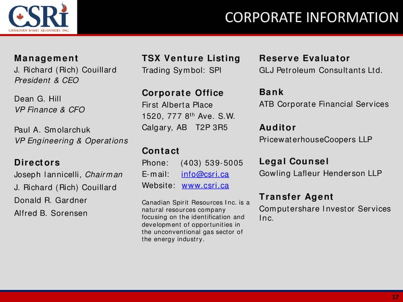 APRIL 2015 CORPORATE PRESENTATION – Canadian Spirit Resources Inc. – slide 16