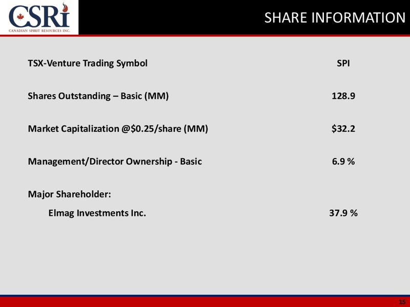 September 2015 Corporate Presentation – Canadian Spirit Resources Inc. – slide 14