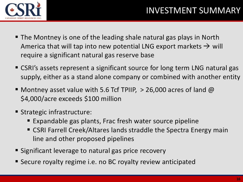 Corporate Presentation September 2015 – Canadian Spirit Resources Inc. – slide 15