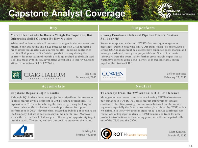May 2015 Corporate Presentation – Capstone Turbine Corporation – slide 14