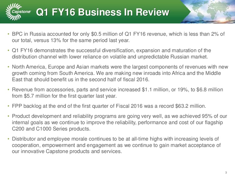 Q1 FY 2016 Earnings Call – Capstone Turbine Corporation – slide 3