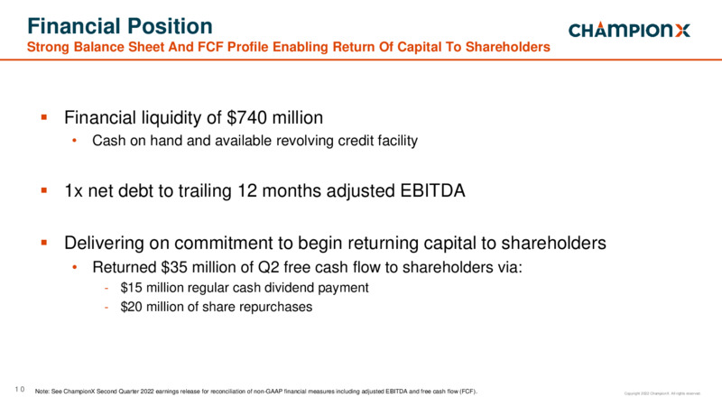 2Q 2022 Earnings Presentation – ChampionX – slide 9