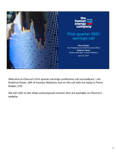 First quarter 2021 earnings call – Chevron Corp – slide 1