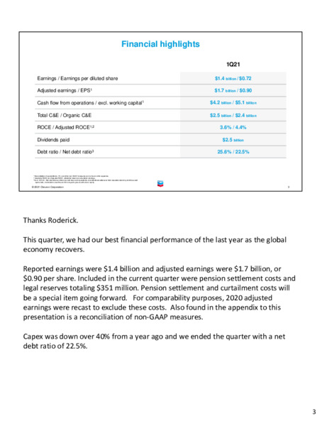 First quarter 2021 earnings call – Chevron Corp – slide 2