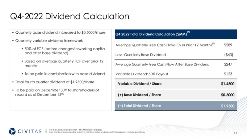 3Q 2022 Earnings Presentation – Civitas Resources Inc. – slide 11