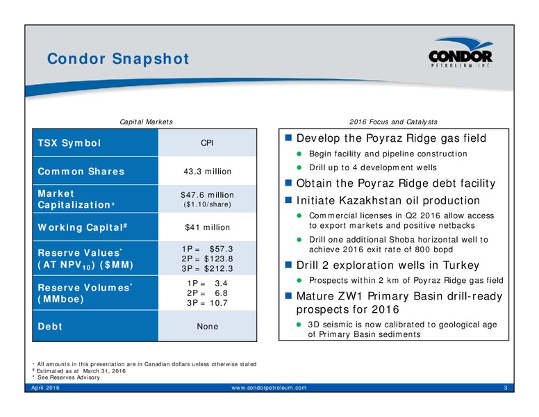 April 2016 Corporate Presentation – Condor Petroleum Inc – slide 3