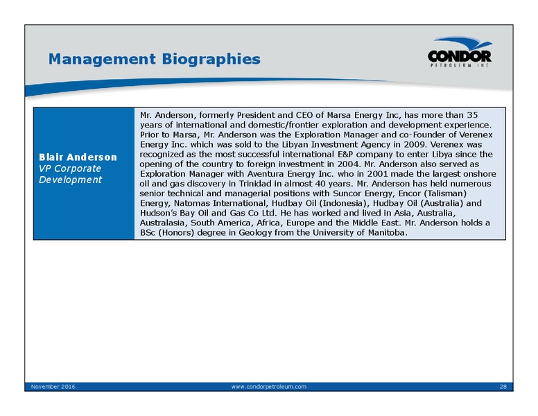 November 2016 Corporate Presentation – Condor Petroleum Inc – slide 28