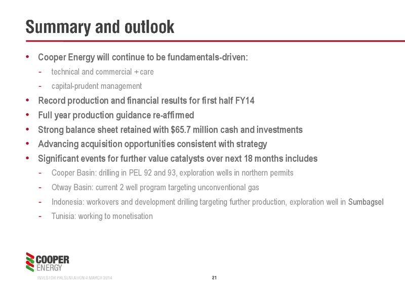 INVESTOR PRESENTATION – Cooper Energy Limited – slide 20