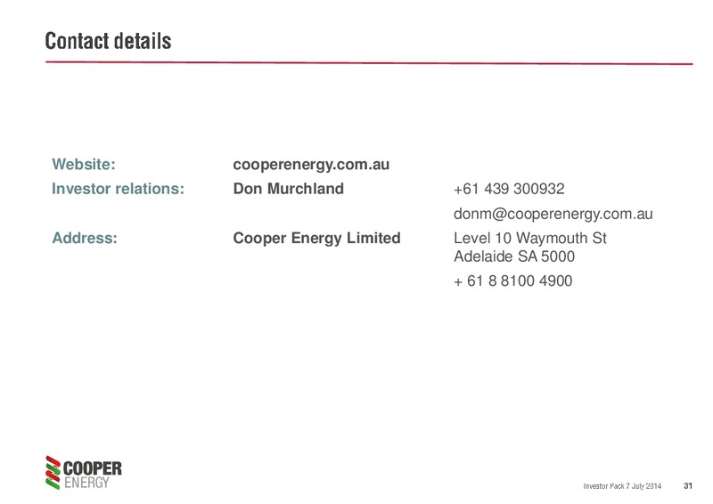 UPDATED INVESTOR PACK – Cooper Energy Limited – slide 30