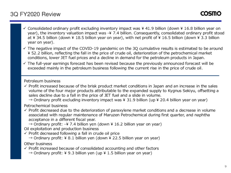 Fiscal Q3 2020 Presentation – Cosmo Energy Holdings Company, Ltd – slide 10