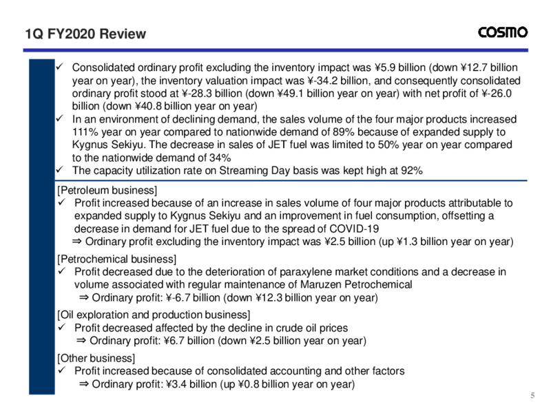 First Quarter of Fiscal 2020 – Cosmo Oil – slide 6