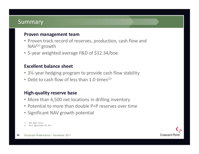 NOVEMBER 2011 INVESTOR PRESENTATION – Crescent Point Energy Corp. – slide 16