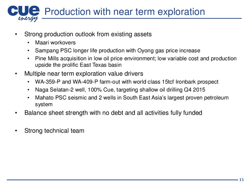 September 2015 Investor Presentation – Cue Energy Resources Limited – slide 12