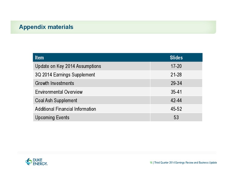 EARNINGS REVIEW AND BUSINESS UPDATE – Duke Energy Corporation – slide 16