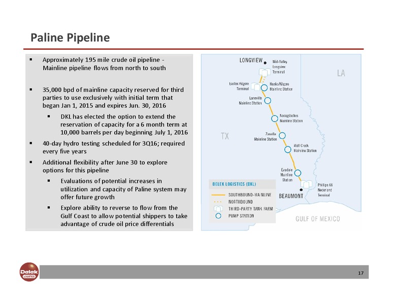 May 2016 Investor Presentation – Delek Logistics Partners, LP – slide 16