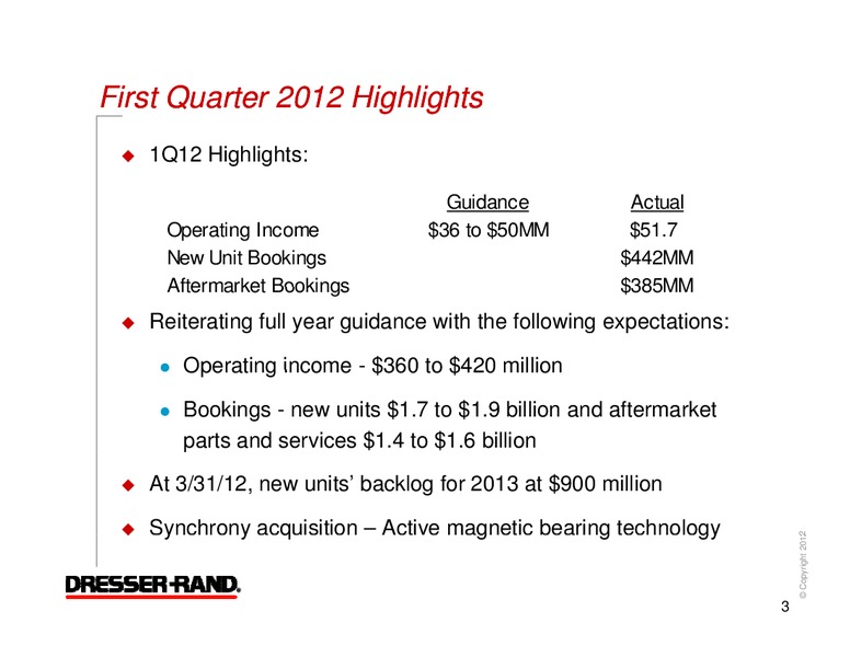 Q1 2012 RESULTS – Dresser Rand Group Inc – slide 2