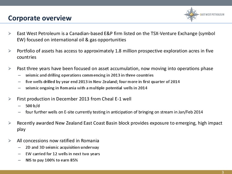 Corporate Overview – East West Petroleum – slide 2