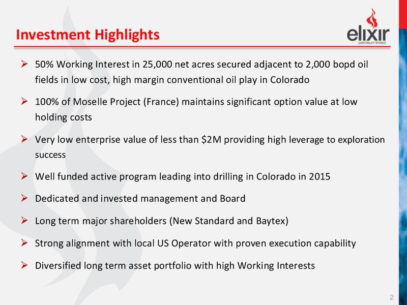 New Management New Project and New Focus – Elixir Petroleum – slide 2