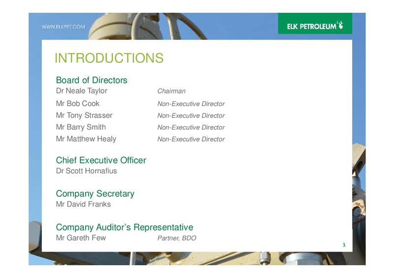 AGM – Elk Petroleum Limited – slide 3