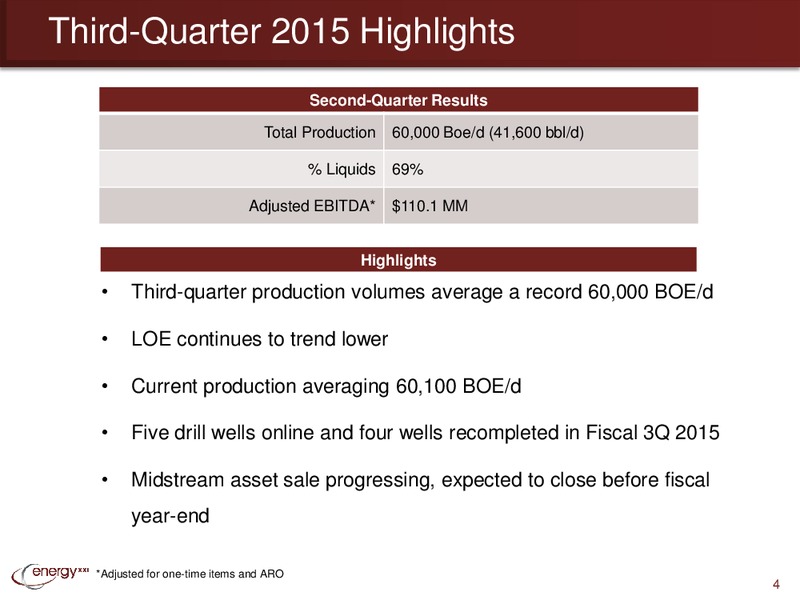 Q3 2015 EARNINGS CALL – Energy XXI Gulf Coast, Inc – slide 3