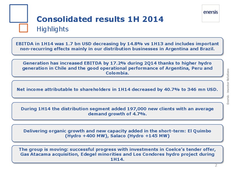 1H 2014 Results – Enersis – slide 2