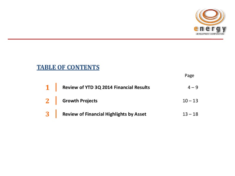 Q3 2014 RESULTS – Energy Development Corp. – slide 2