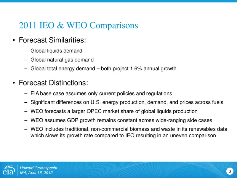 Similarities and Differences in Projections and Approaches to Energy Modeling for International Energy Agency – EIA – slide 5