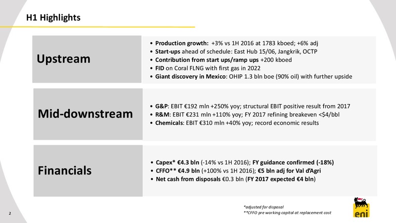 First Half 2017 Results – Eni S.P.A – slide 2