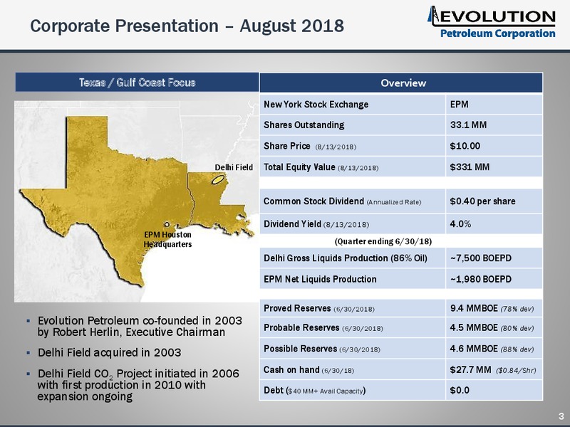 August 2018 Enercom Conference – Evolution Petroleum Corp. – slide 3
