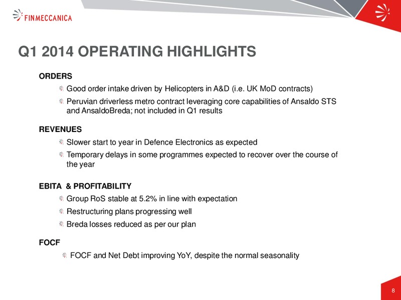 Q1 2014 Results Presentation – Finmeccanica – slide 8