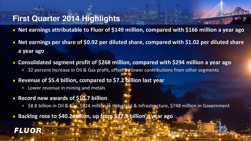 1st Quarter 2014 Earnings Conference Call – Fluor Corporation – slide 3