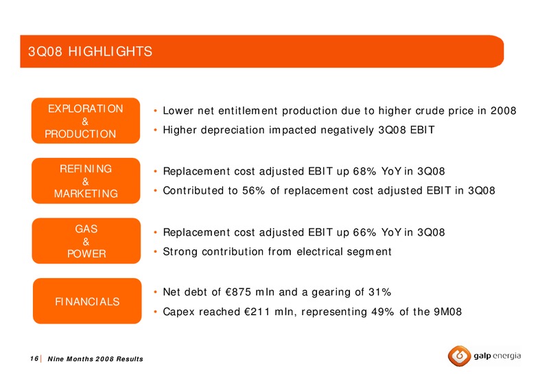 Q3 2008 RESULTS – Galp Energia – slide 16