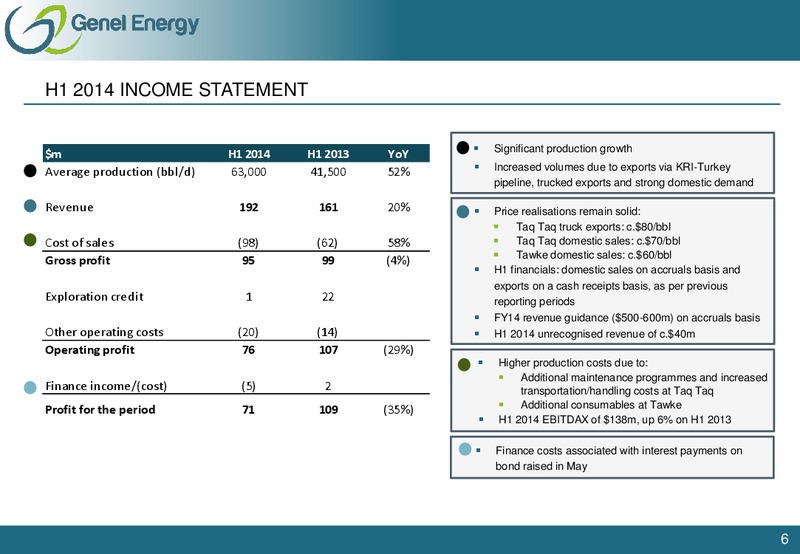 FIRST HALF 2014 EARNINGS CALL – Genel Energy – slide 5