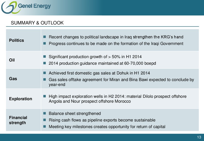FIRST HALF 2014 EARNINGS CALL – Genel Energy – slide 12