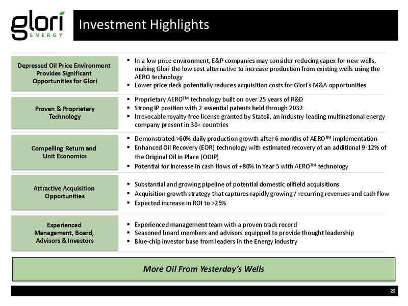 INVESTOR PRESENTATION – Glori Energy Inc. – slide 22