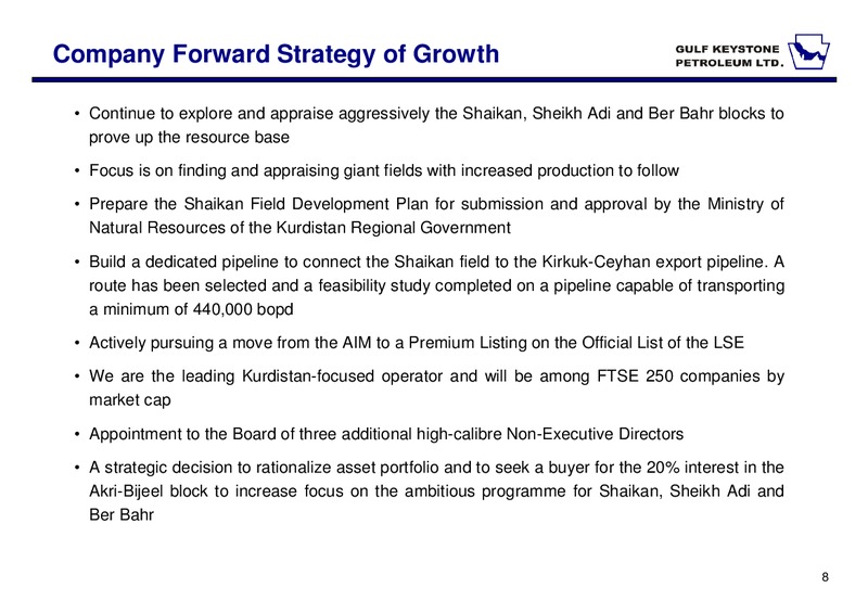 HALF YEAR REPORT AND FORWARD STRATEGY PRESENTATION – Gulf Keystone Petroleum Ltd. – slide 8